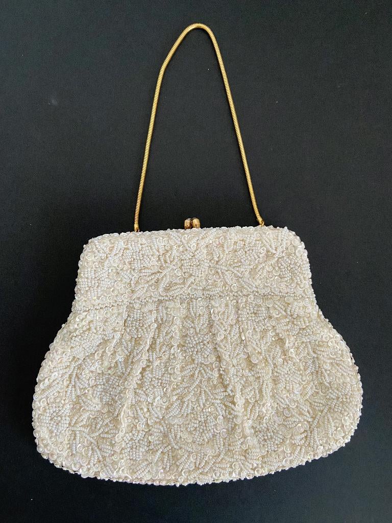 Vintage Tas Kralen Pailletten Goud Stras Satijn Bruiloft '60, Ophalen of Verzenden, Zo goed als nieuw, Overige kleuren, Avondtasje