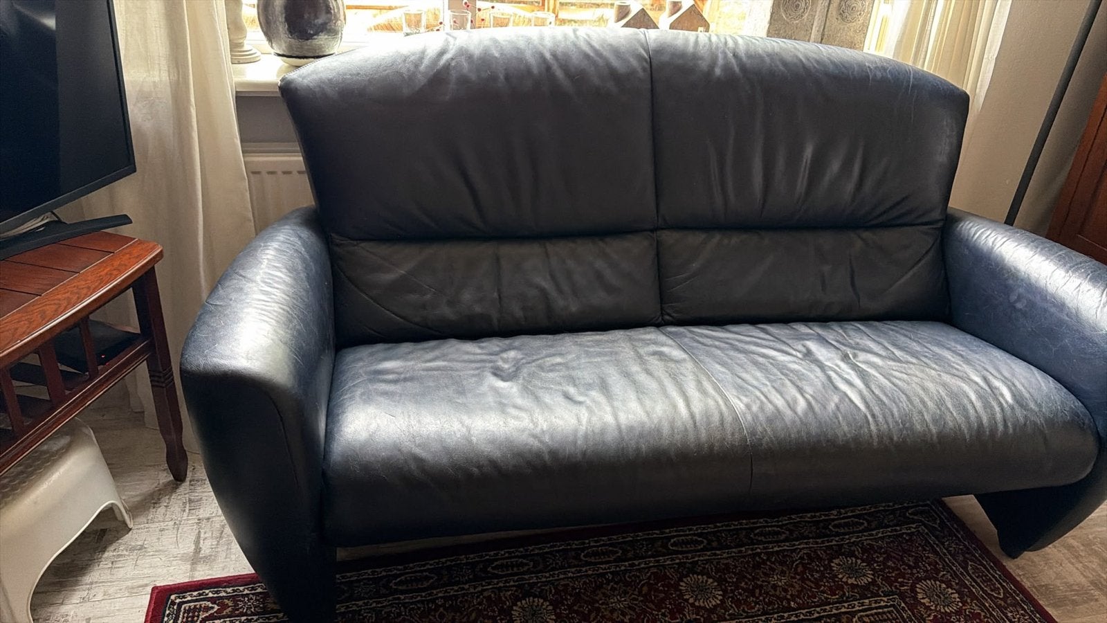 Mooie donkerblauwe lederen Jori bank, Ophalen, Gebruikt, 150 tot 200 cm, Tweepersoons