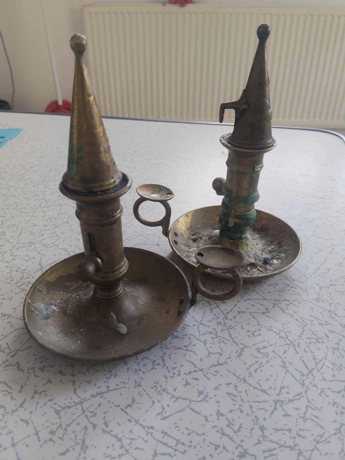 Prachtige set antieke messing blakers-kamerkandelaars-ca1880, Ophalen, Koper of Brons
