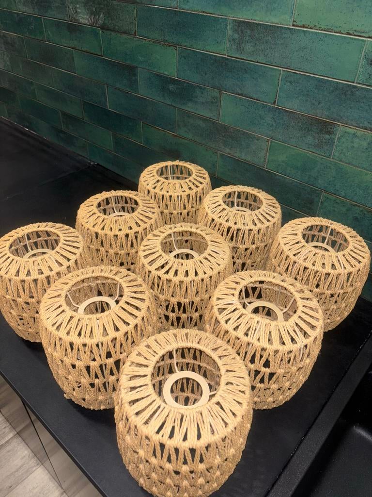 Set van 9 rotan lampenkappen - Boheemse stijl, Huis en Inrichting, Ophalen, Beige, Rond, Zo goed als nieuw