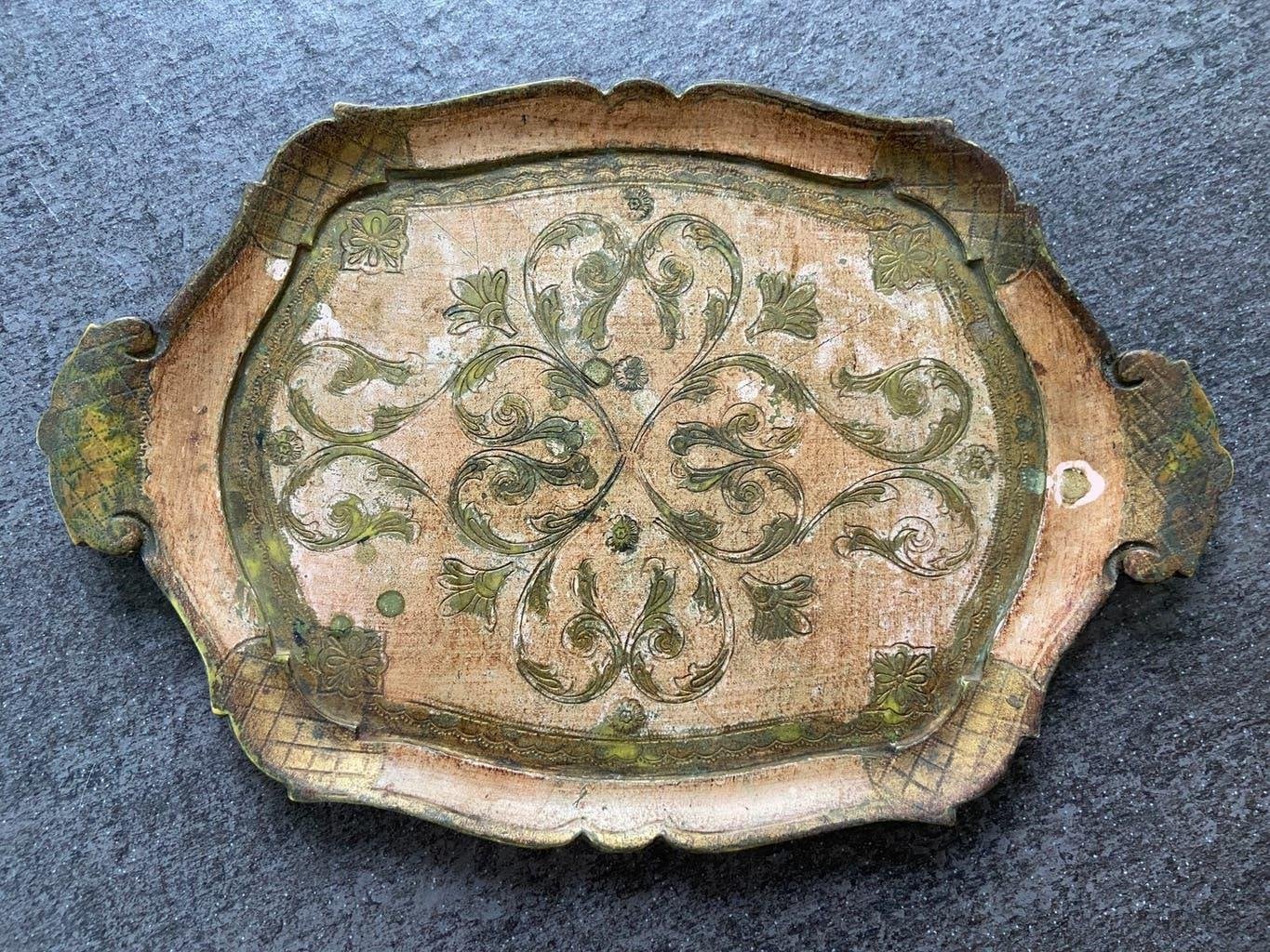 Vintage Florentijns dienblad Italië goud en groen kleurig, Ophalen of Verzenden