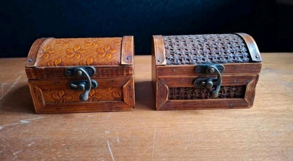 vintage set 2 houten sieraden opbergkistjes juwelendoosjes, Ophalen of Verzenden, Minder dan 50 cm, Minder dan 50 cm