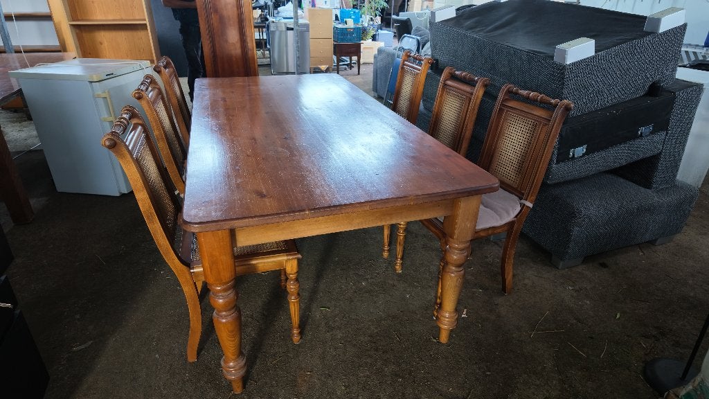 Massief grenen eettafel 210x105 cm met 6 stoelen landelijk, Huis en Inrichting, Ophalen, Gebruikt, Landelijk, 200 cm of meer