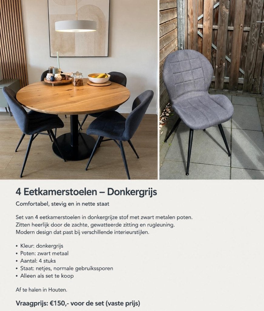 4 Eetkamerstoelen Loods 5 | Donkergrijs | set van 4, Ophalen, Gebruikt, Neutrale stijl past bij vrijwel ieder interieur, Grijs