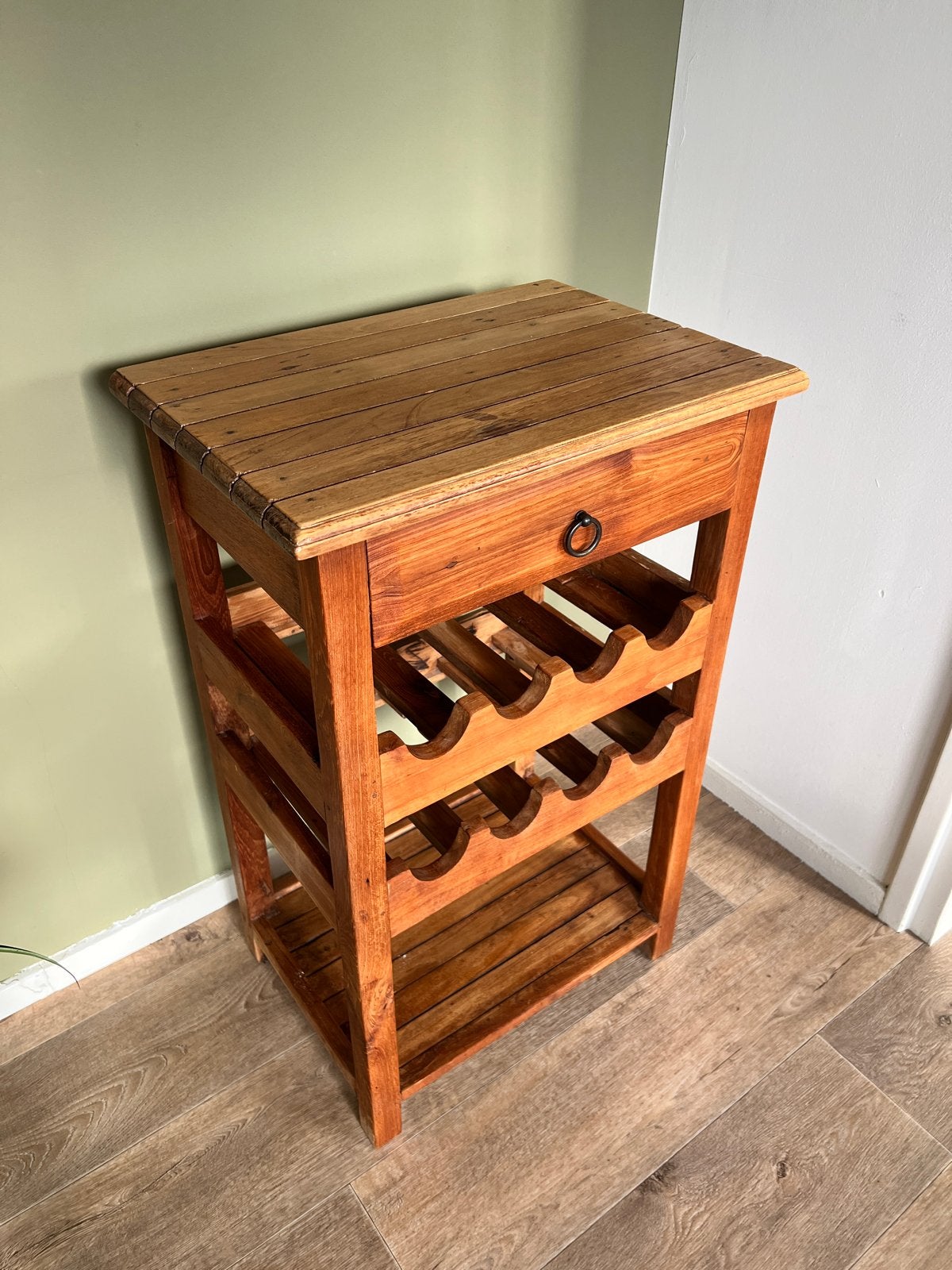 Houten wijnrek / wijnkastje met lade, Ophalen, Gebruikt, 5 tot 15 flessen, 75 – 100