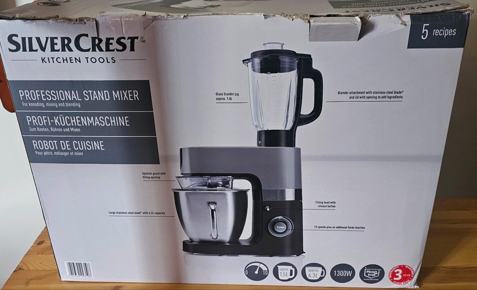 SilverCrest Professionele Keukenmachine 1300W met Blender, 4 liter of meer, Ophalen, Zo goed als nieuw, 3 snelheden of meer