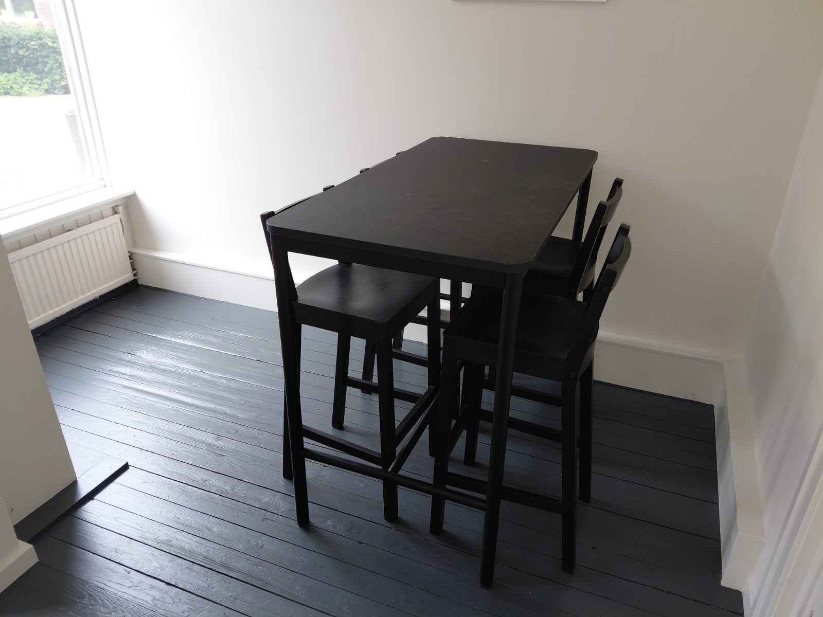 Hoge tafel met 4 stoelen, bartafel, barstoelen., Ophalen of Verzenden, Rechthoekig, 100 tot 150 cm, 50 tot 100 cm