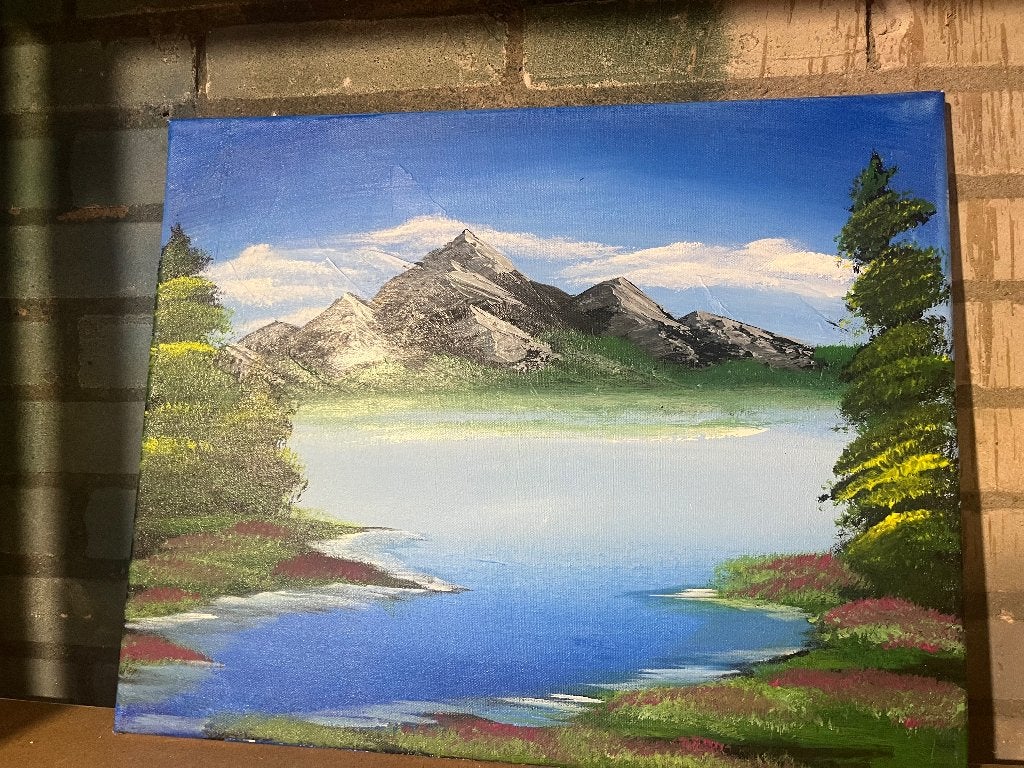 Schilderij bob ross inspired, Antiek en Kunst, Kunst | Schilderijen | Klassiek, Ophalen, Acrylverf, Doek, Realistisch