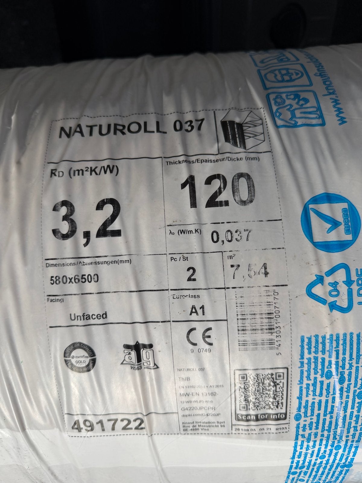 Knauf Naturoll 037 Glaswol isolatie - 6500x380x120mm, Ophalen, Dakisolatie, 12 cm of meer, Nieuw