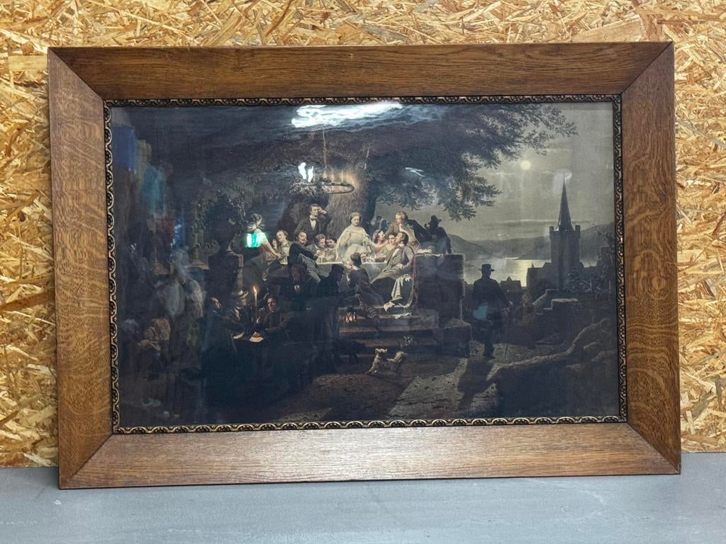 Antieke Litho 'Sommernacht am Rhein' in Eiken Lijst - ReK4, Ophalen of Verzenden