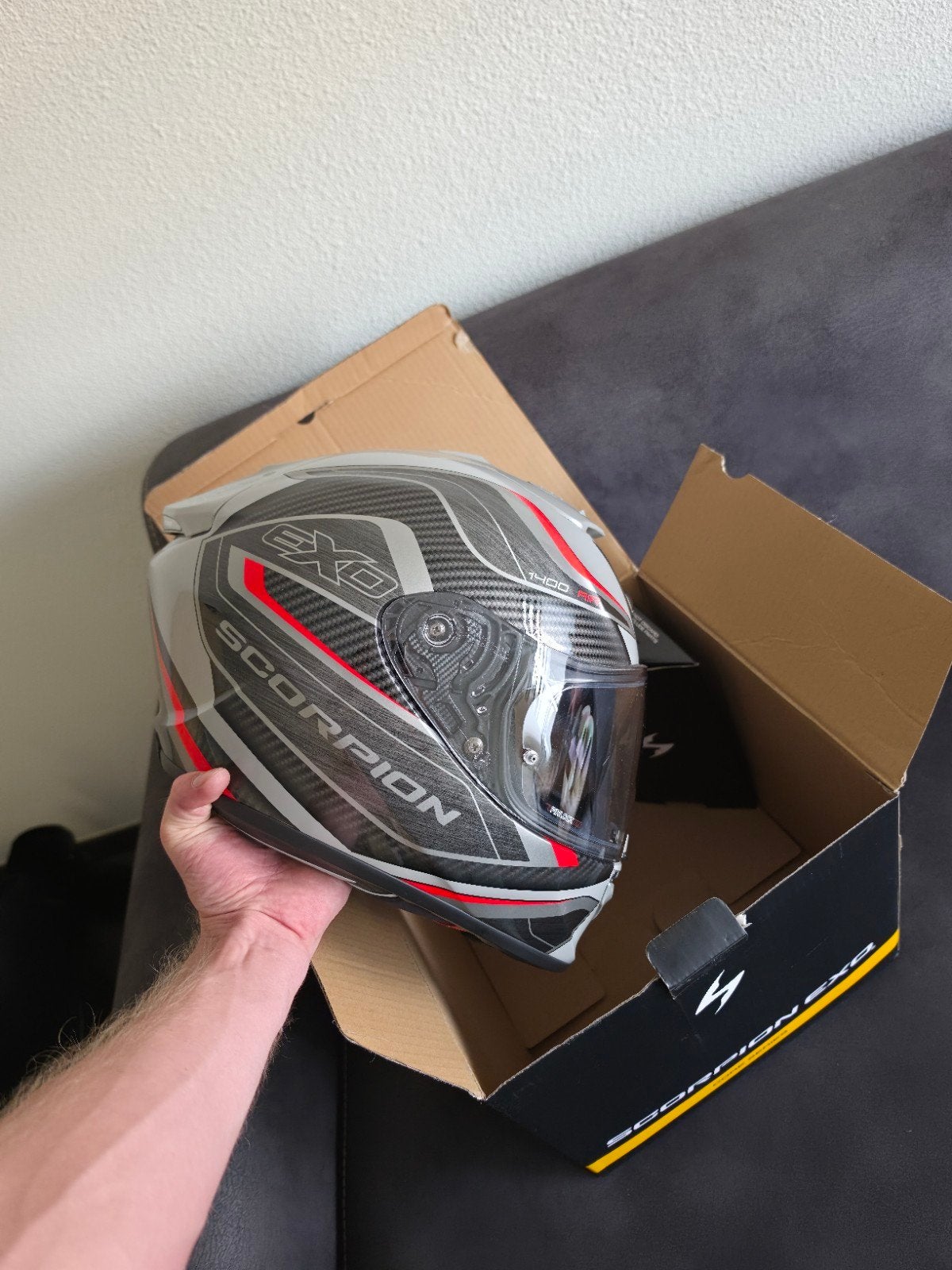 Scorpion EXO-1400 EVO AIR Carbon Red & Grey – Maat S – Nieuw, Nieuw met kaartje, Ophalen of Verzenden, Integraalhelm, S