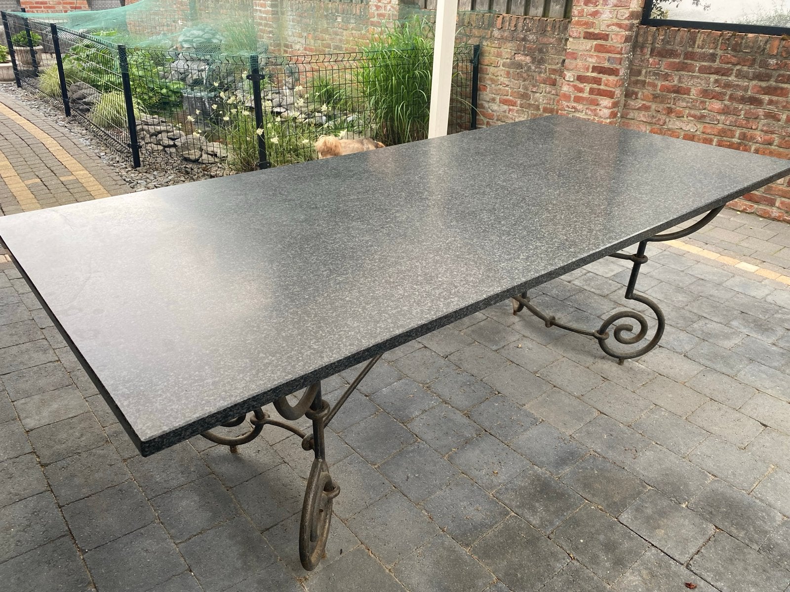 Natuursteen franse tuintafel 220x100 smeedijzeren onderstel, Ophalen of Verzenden, Gebruikt, Rechthoekig, Overige materialen