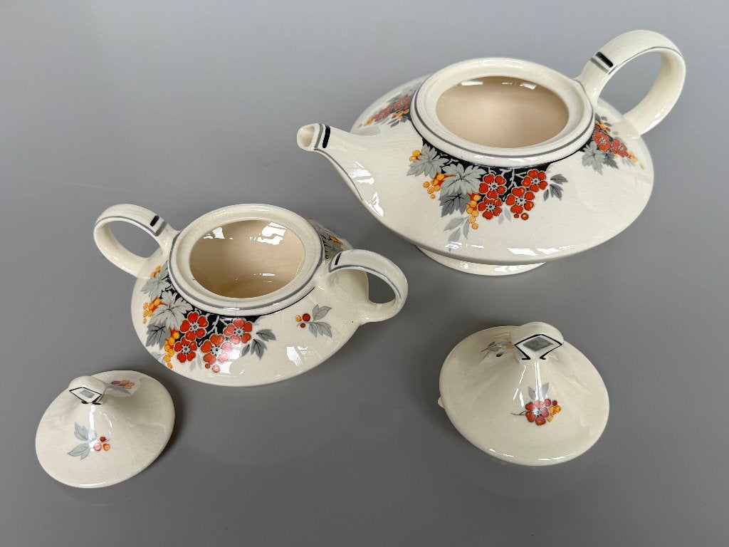 Art Deco Mosa Plateel theekan en suikerpot  druivenblad 1930, Ophalen of Verzenden