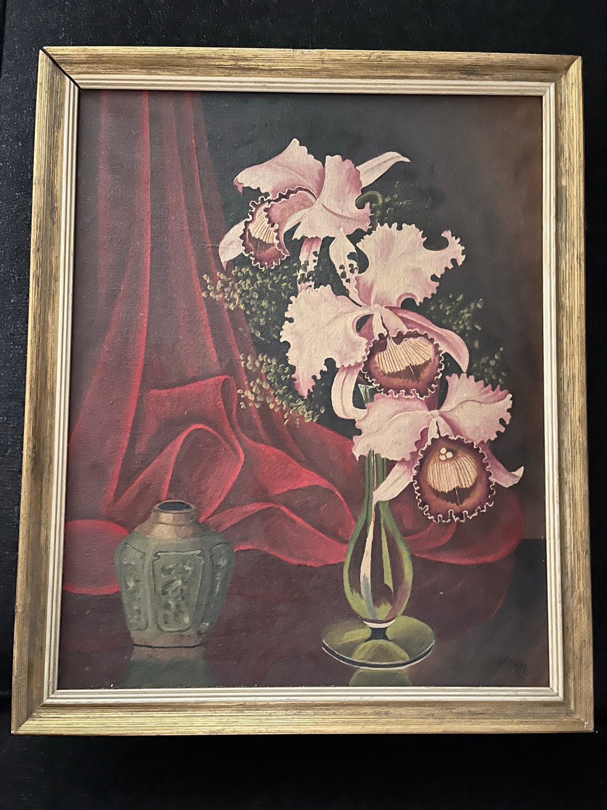 Schilderij met orchideeën - gesigneerd, Doek, Gesigneerd, Olieverf, Klassiek