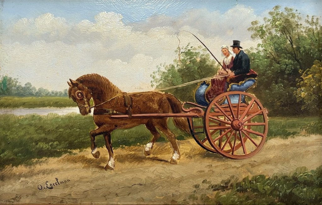 66. Olieverfschilderij – paard en sjees, late 19e eeuw, Ophalen of Verzenden