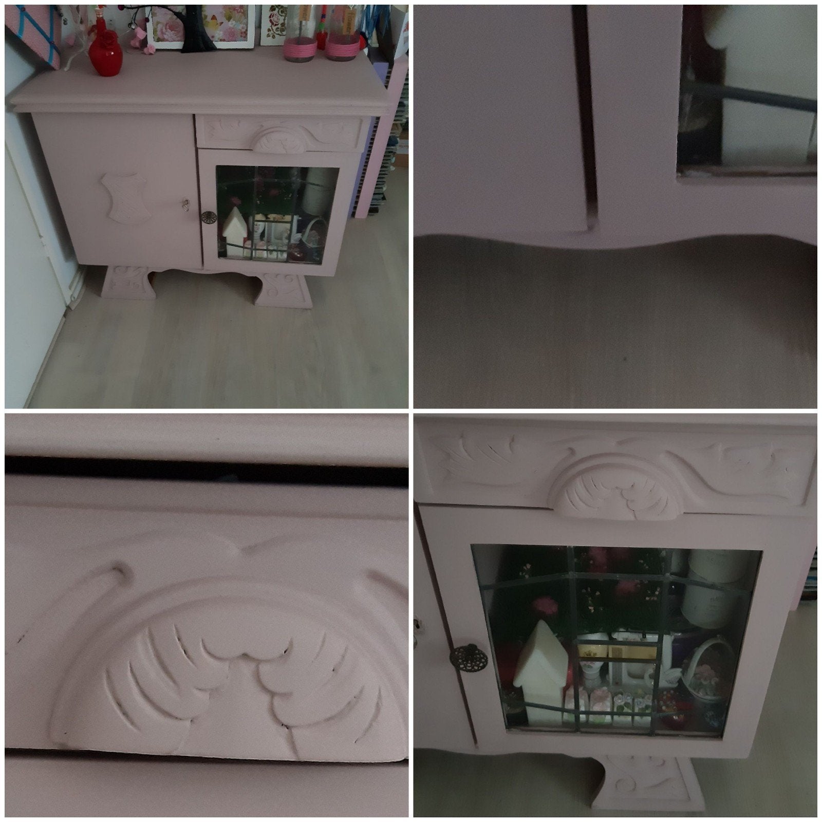 Roze kastje met glas en lade - Vintage stijl, Gebruikt, Met lade(s), Overige houtsoorten, Vintage, Romantisch