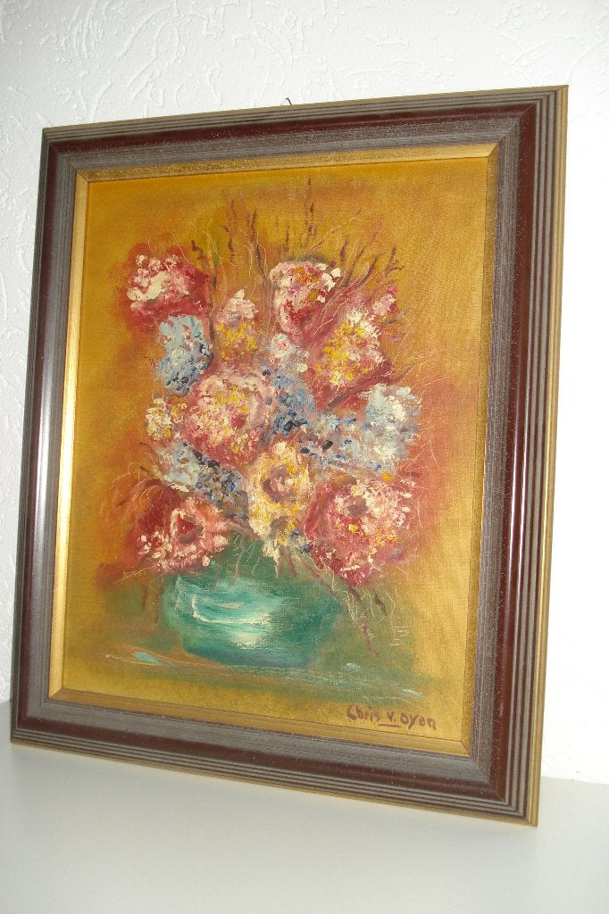 Schilderij bloemen in vaas - gesigneerd Chris V. Oyen, Ophalen, Bruin, Gebruikt, Textiel