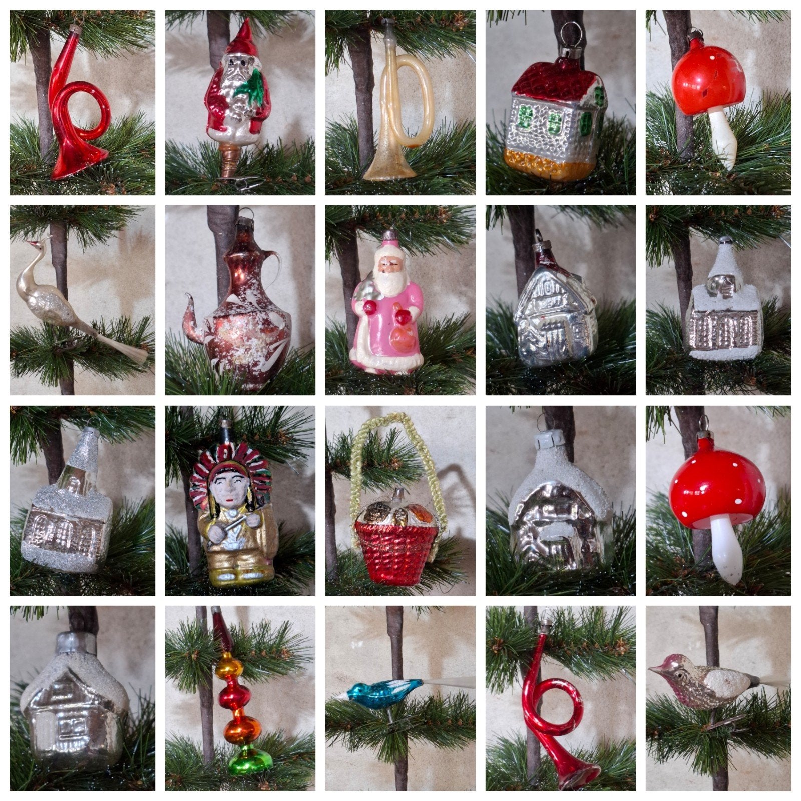Oude antiek vintage kerstballen indiaan huisje kerk vogel, Overige merken, Overige materialen, T, Ophalen of Verzenden