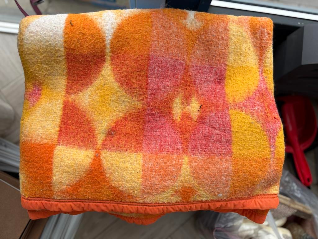 Vintage Oranje/Geel wollen Deken met Patroon, Ophalen, Gebruikt