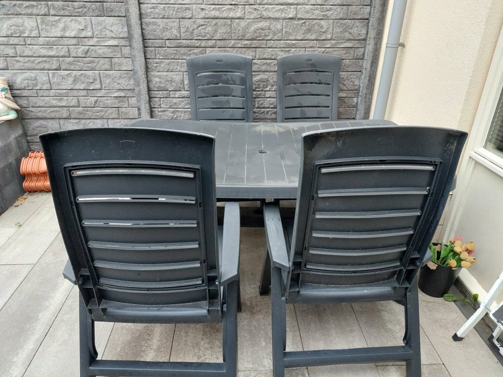 Tuinset tafel met 4 verstelbare stoelen, Ophalen, 4 zitplaatsen, Kunststof, Gebruikt