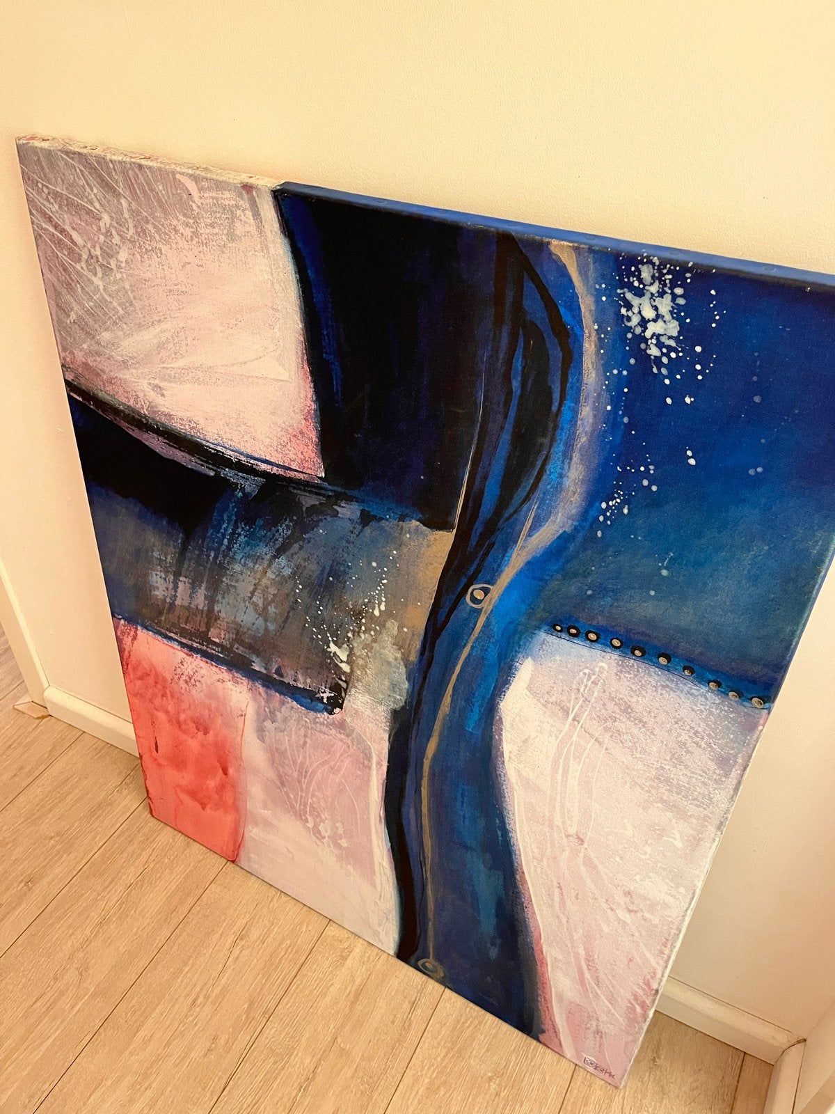 Groot abstract schilderij 80x100 cm – blauw, roze & wit, Ophalen