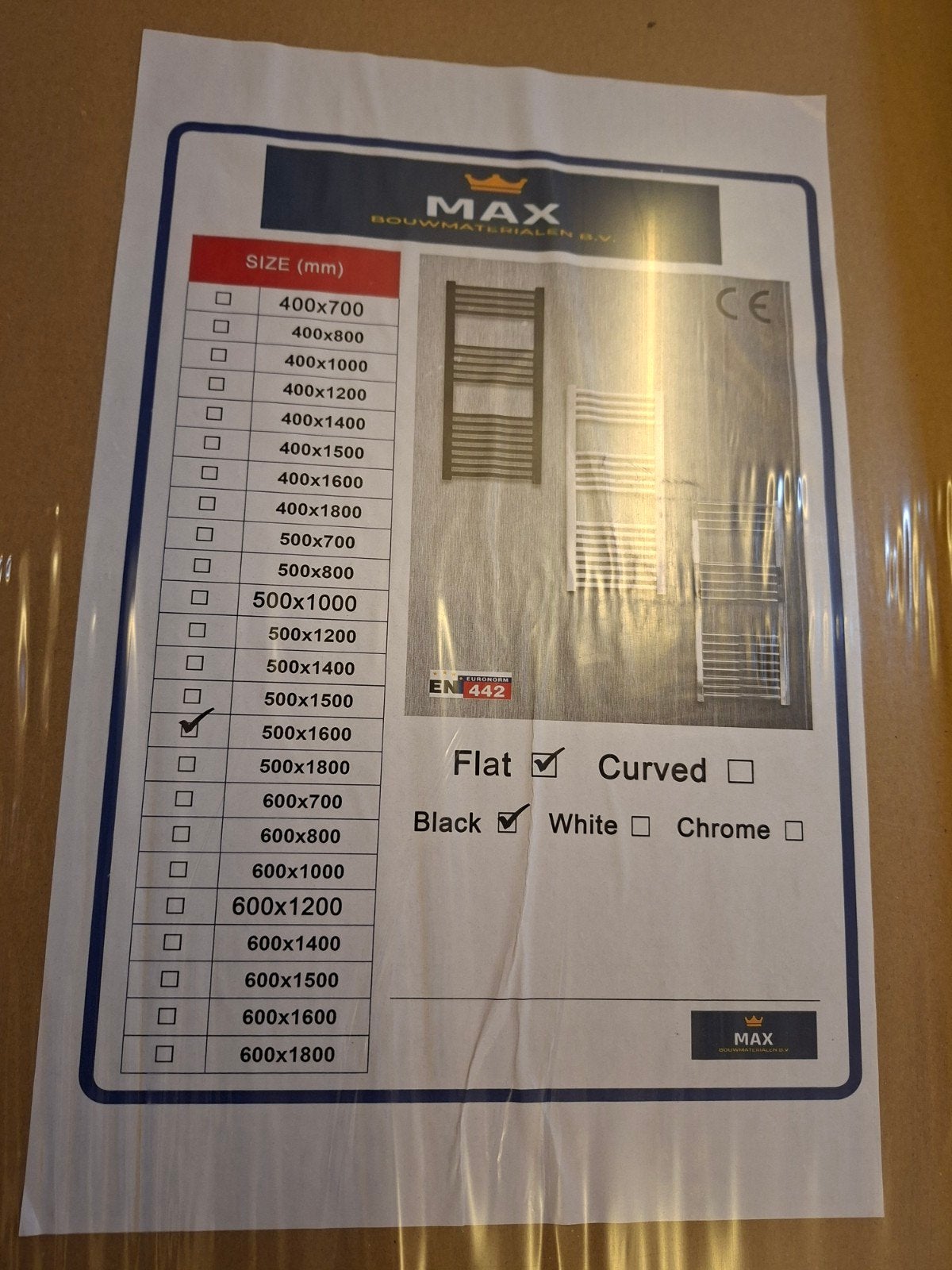 MAX Handdoekradiator Zwart 500x1600mm + Belrad aansluitset, Ophalen of Verzenden, Nieuw