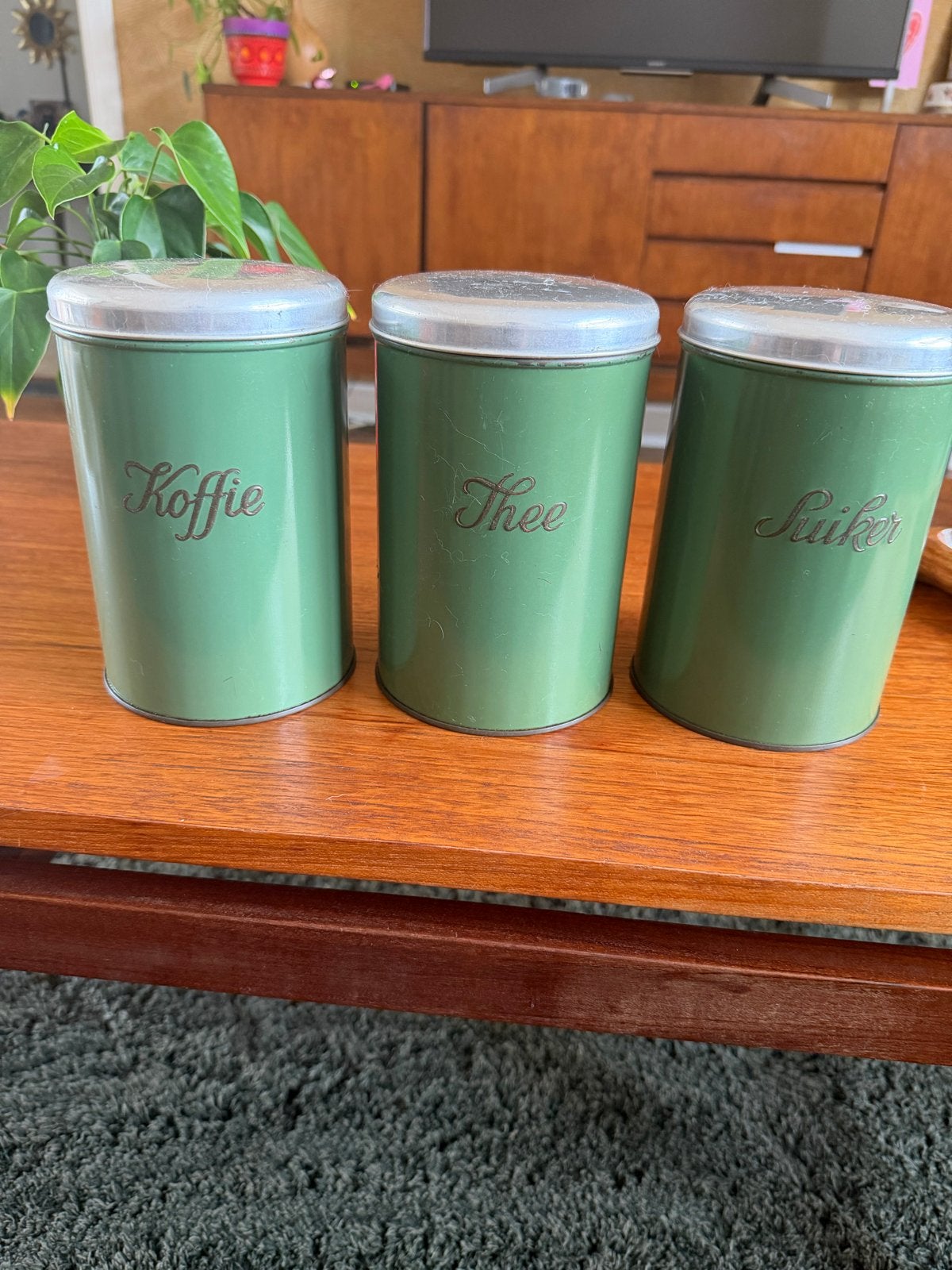 Vintage voorraadblikken: Koffie, Thee, Suiker (groen), Ophalen of Verzenden
