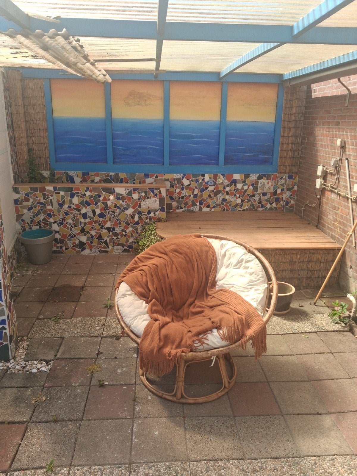 Retro Papasan Stoel - Rotan Lounge Stoel, Huis en Inrichting, Stoelen, Gebruikt, Eén, Riet of Rotan, Stof, Overige kleuren, Ophalen