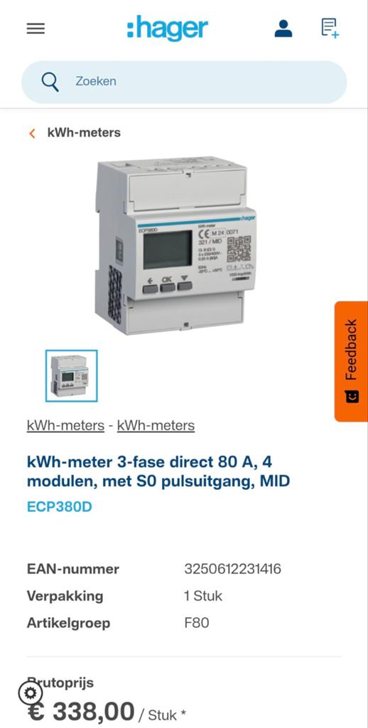 Hager kWh-meter 3-fase direct 80 A, 4 modulen, MID, Ophalen of Verzenden, Nieuw, Overige typen