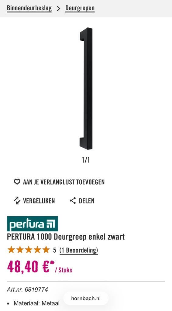 2x Zwarte metalen deurgreep - Hornbach Pertura 1000, Ophalen of Verzenden, Nieuw, IJzer, Overige typen
