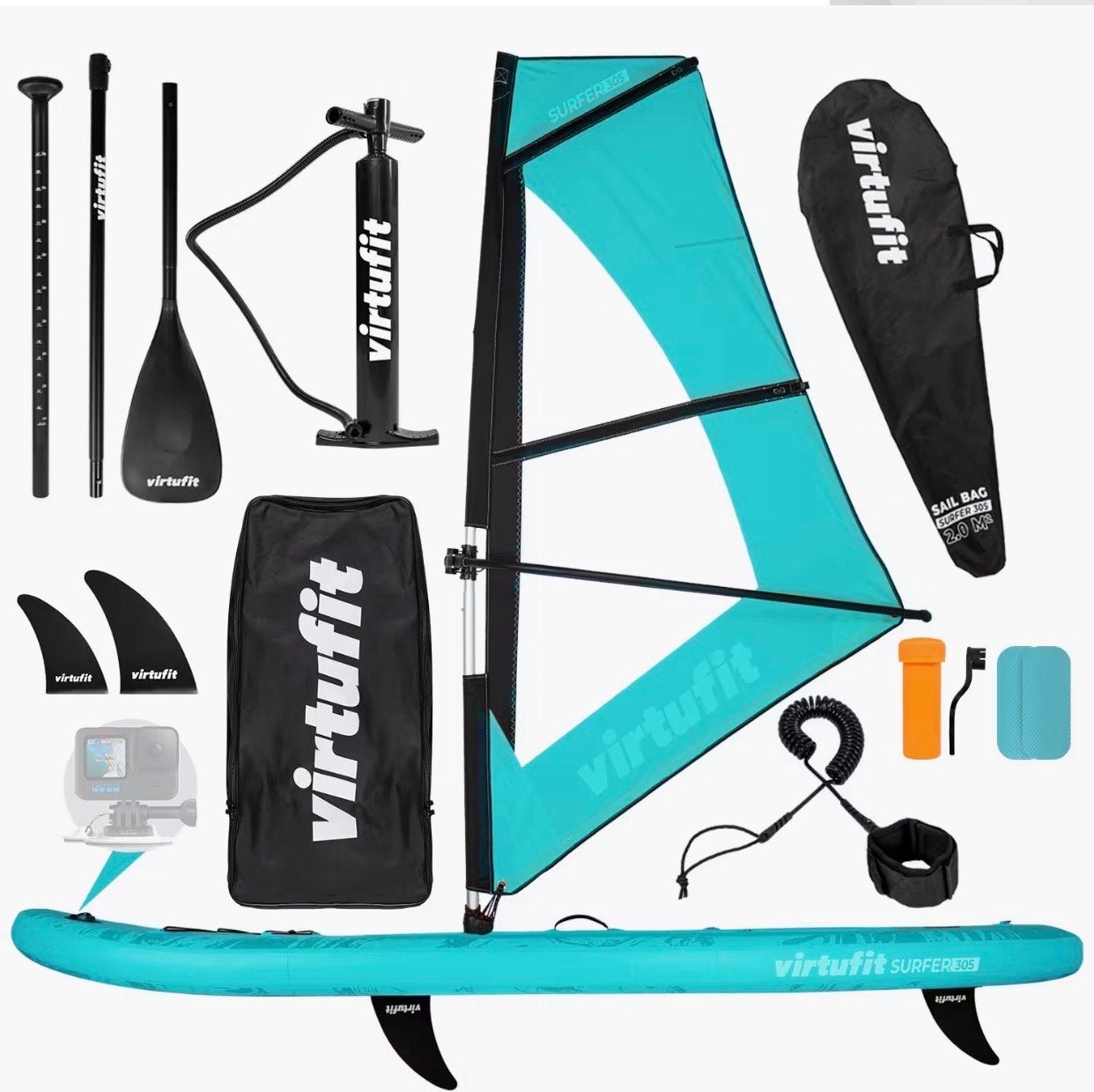 Virtufit SUP Board met zeil - Complete set, Minder dan 250 cm, Minder dan 3.5 m², Zo goed als nieuw, Met vin(nen)
