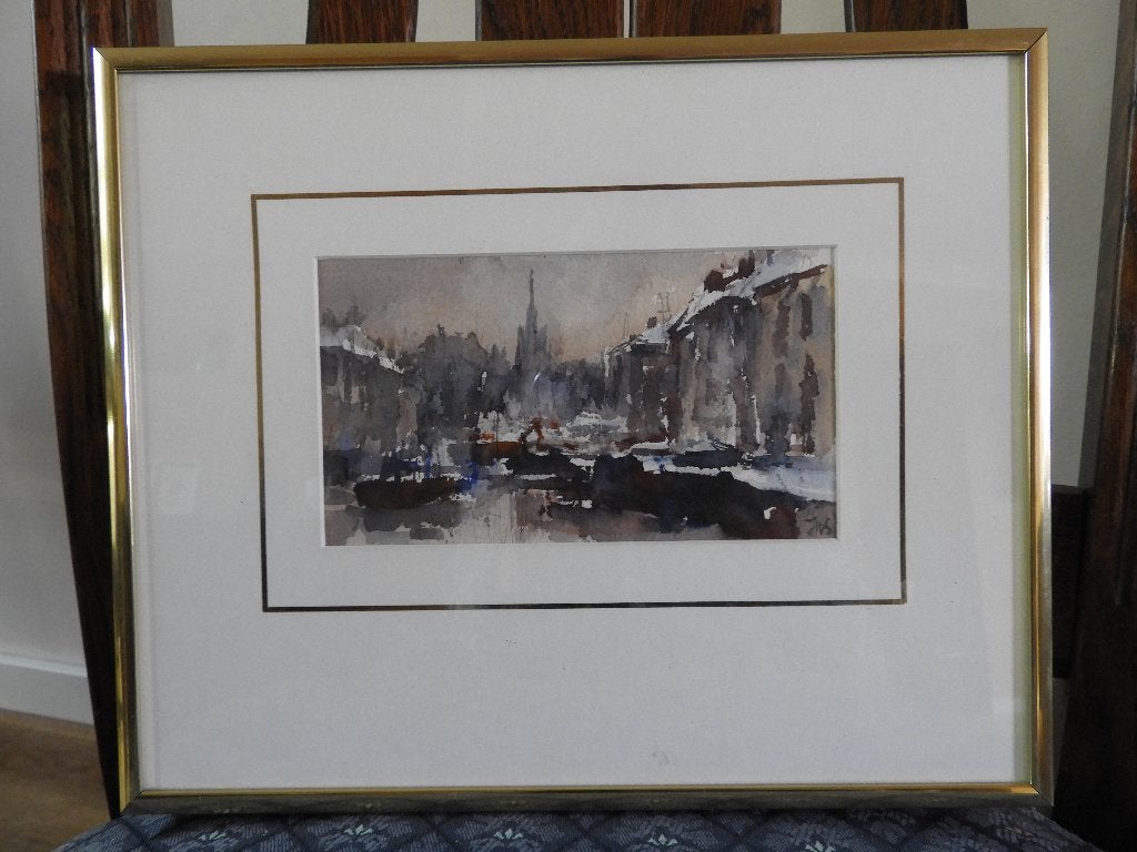Aquarel - Grachtgezicht in de winter - Gesigneerd JvS, Antiek en Kunst, Kunst | Schilderijen | Klassiek, Maritiem / water, Nederlandse school