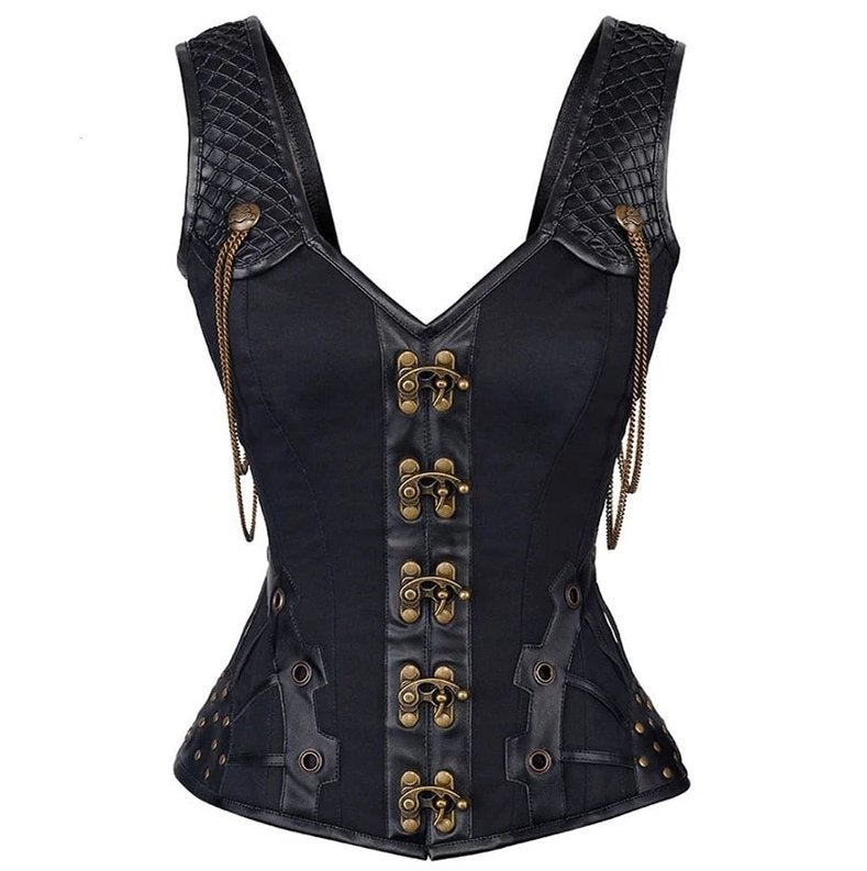 Zwart leren steampunk korset sexy bustier gothic kettingen, Verzenden, Zwart, Body of Korset