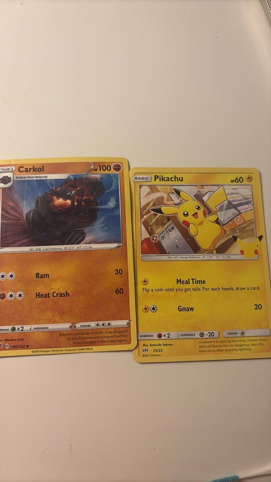 Pokémon Kaarten: Carkol en Pikachu, Verzenden, Zo goed als nieuw, Meerdere kaarten