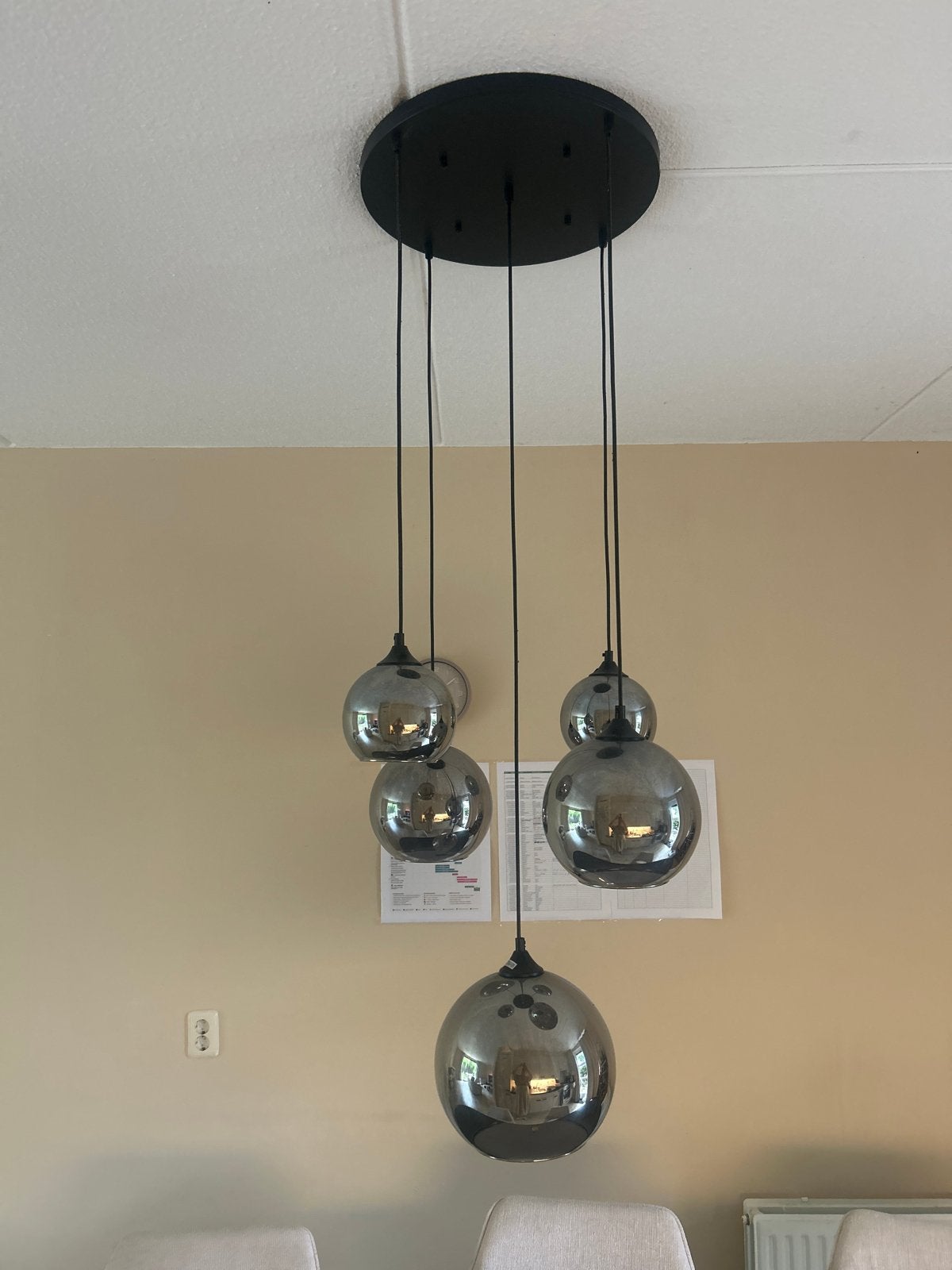 Chique hanglamp met 5 smoke glazen bollen, Ophalen, Zo goed als nieuw, Glas, E27 (groot)