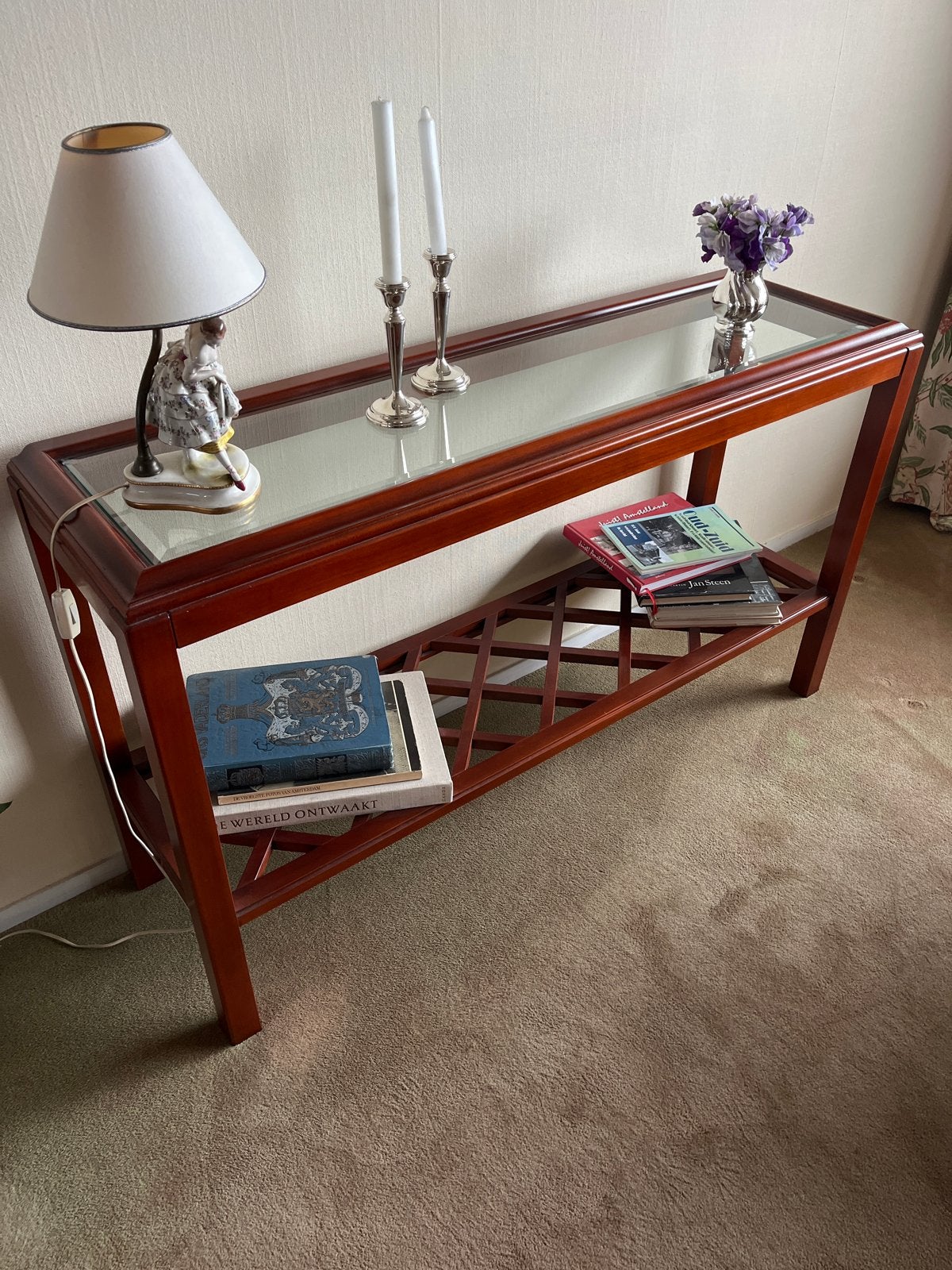 Kersenhouten sidetable met geslepen glasplaat, Ophalen, Gebruikt, 100 tot 150 cm, Kersenhout