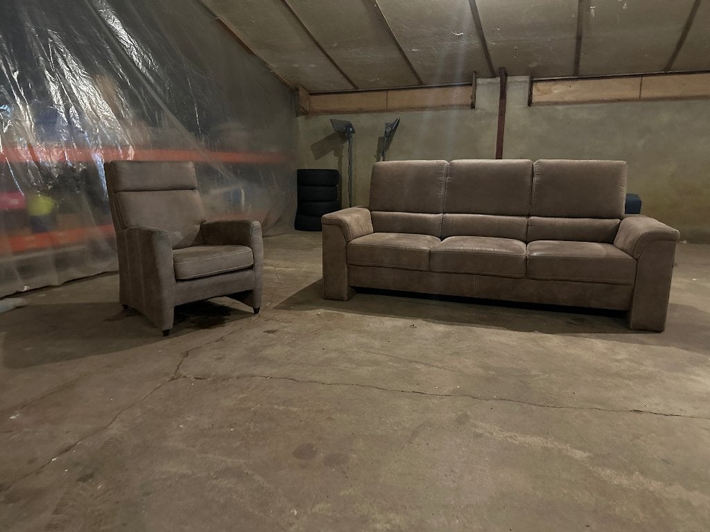3-zits bank + fauteuil | Taupe bekleding | Leuke set, Ophalen, Gebruikt, Driepersoons, 75 tot 100 cm