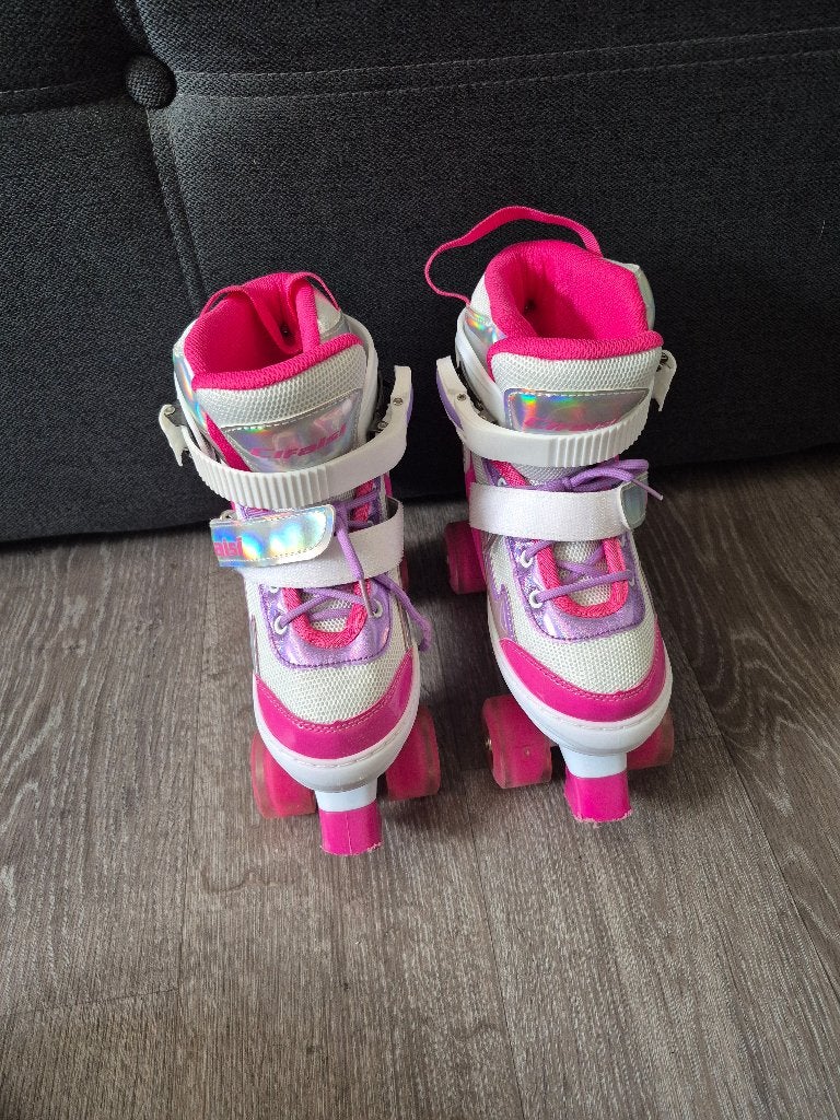 Verstelbare Meisjes rolschaatsen Roze/ Wit + Beschermset, Verstelbaar, Kinderen, Ophalen of Verzenden, Zo goed als nieuw