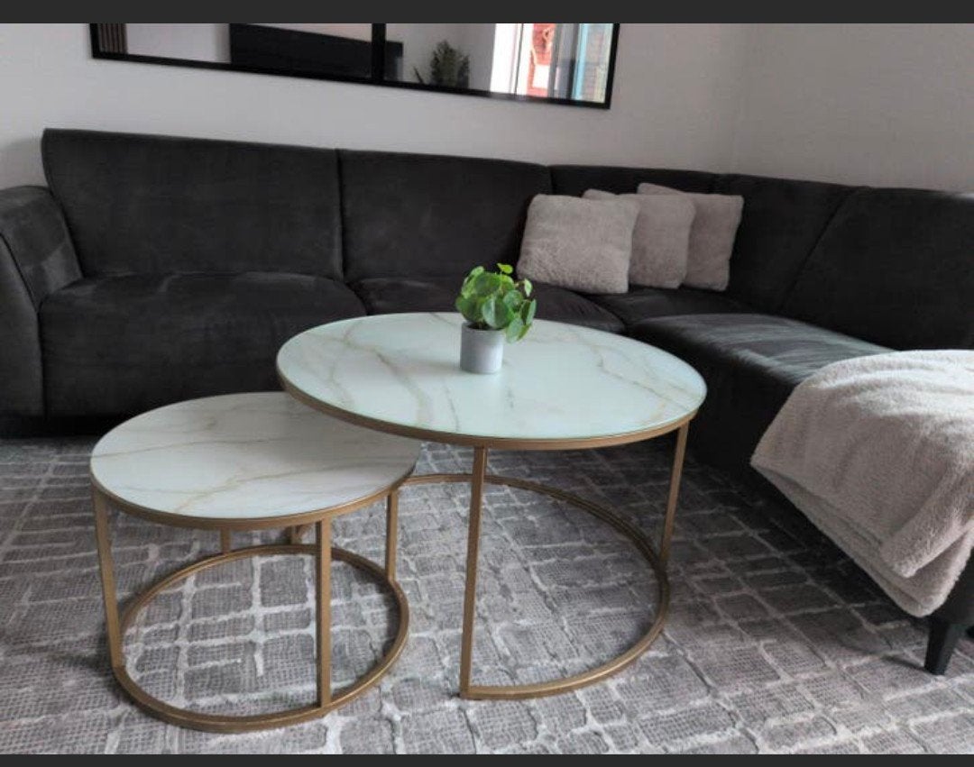 Stijlvolle ronde glazen salontafel met marmerlook, 50 tot 100 cm, Rond, Zo goed als nieuw, Glas