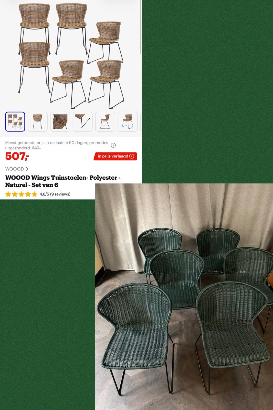 Woood Wings tuinstoel (eetkamerstoel) groen/zwart 5+1 gratis, Ophalen, Zo goed als nieuw, Metaal
