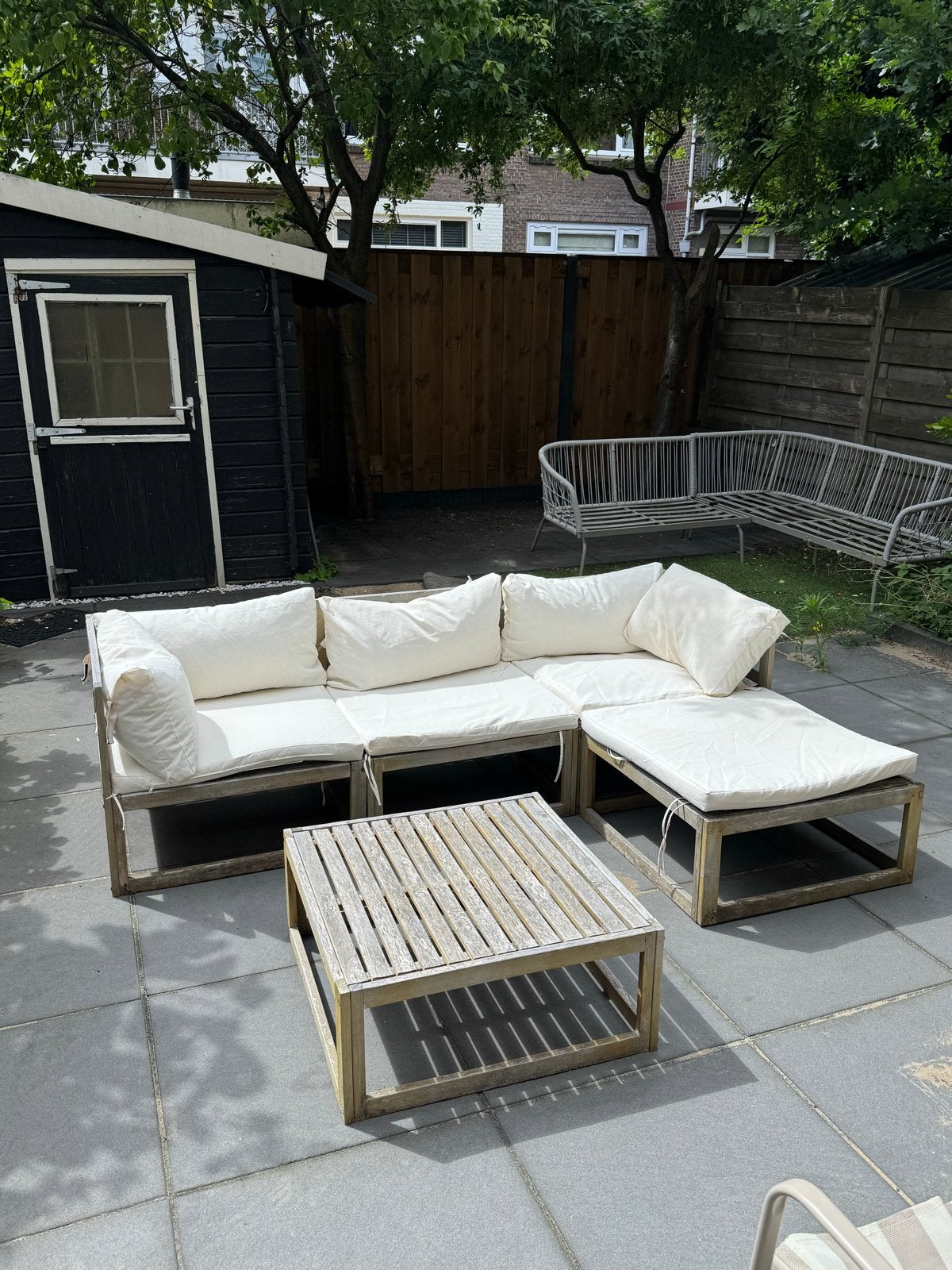 Houten loungeset met kussens - Tuinmeubel, Tuin en Terras, Tuinsets en Loungesets, Ophalen, 4 zitplaatsen, Gebruikt, Loungeset