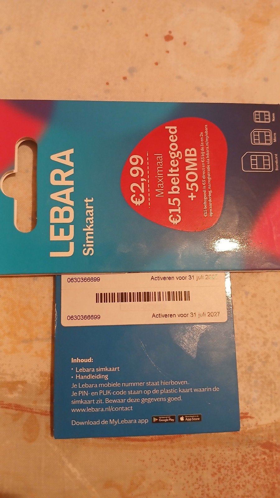 0630366699 MOOI NUMMER LEBARA PREPAID SIMKAART NUMMER, Telecommunicatie, Prepaidkaarten en Simkaarten, Ophalen of Verzenden, Nieuw