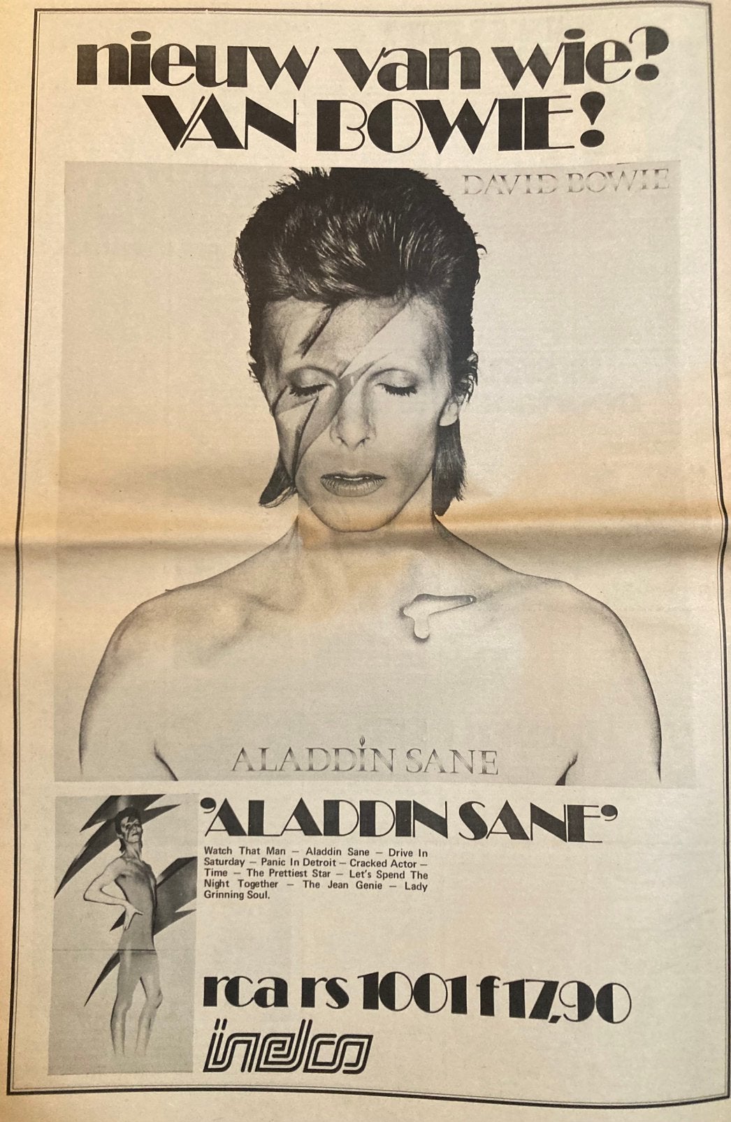 Paginagrote A3 advertentie DAVID BOWIE Alladin Sane release, Verzamelen, Posters, Ophalen of Verzenden, Gebruikt