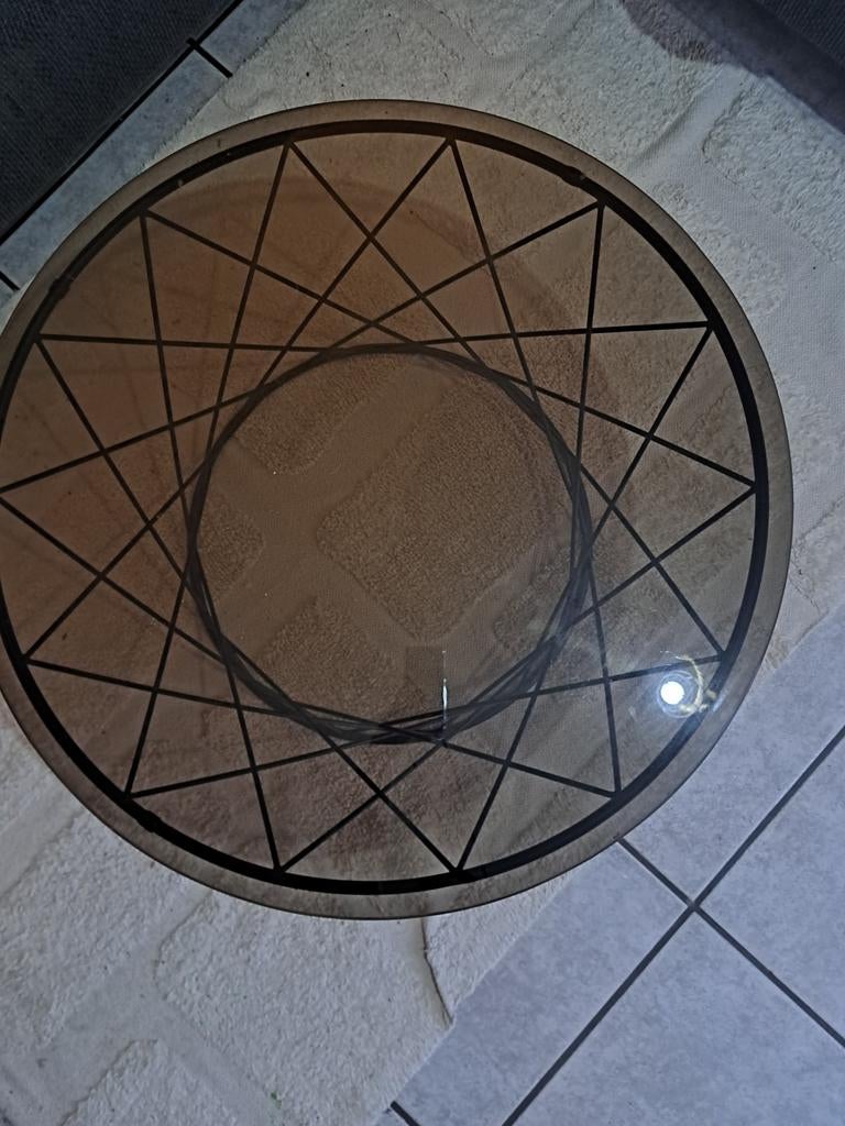 Glazen salontafel met metalen onderstel, Ophalen, Gebruikt, 50 tot 100 cm, Rond