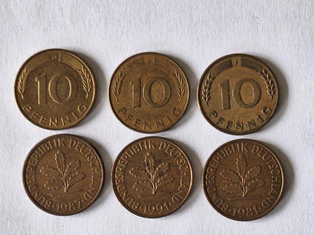 6 munten Duitsland/BRD 10 pfennig 1950-1991, Ophalen of Verzenden, Duitsland, Losse munt