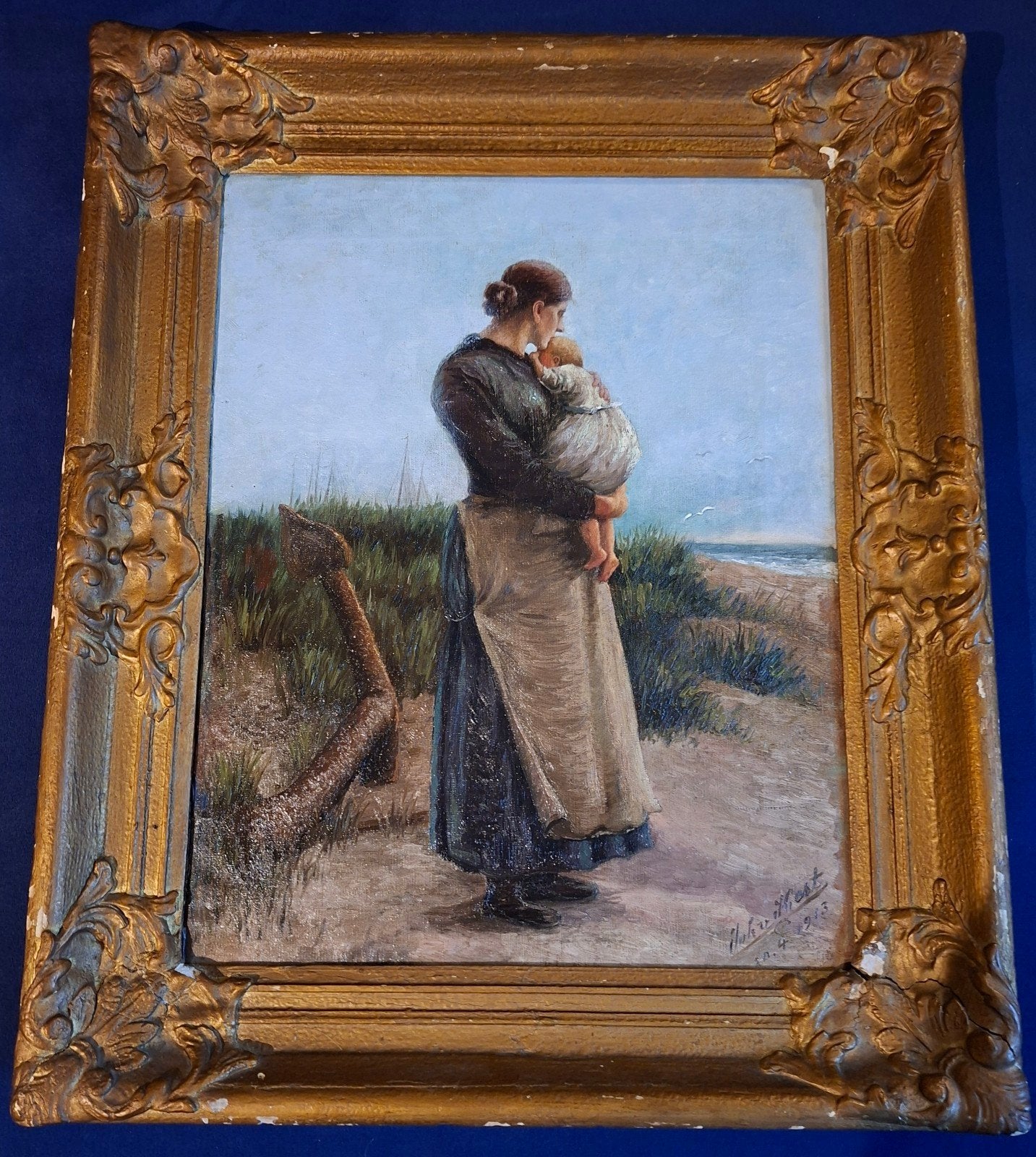 Antiek olieverfschilderij (1913) - A Fisherman's Treasure, Antiek en Kunst, Ophalen of Verzenden