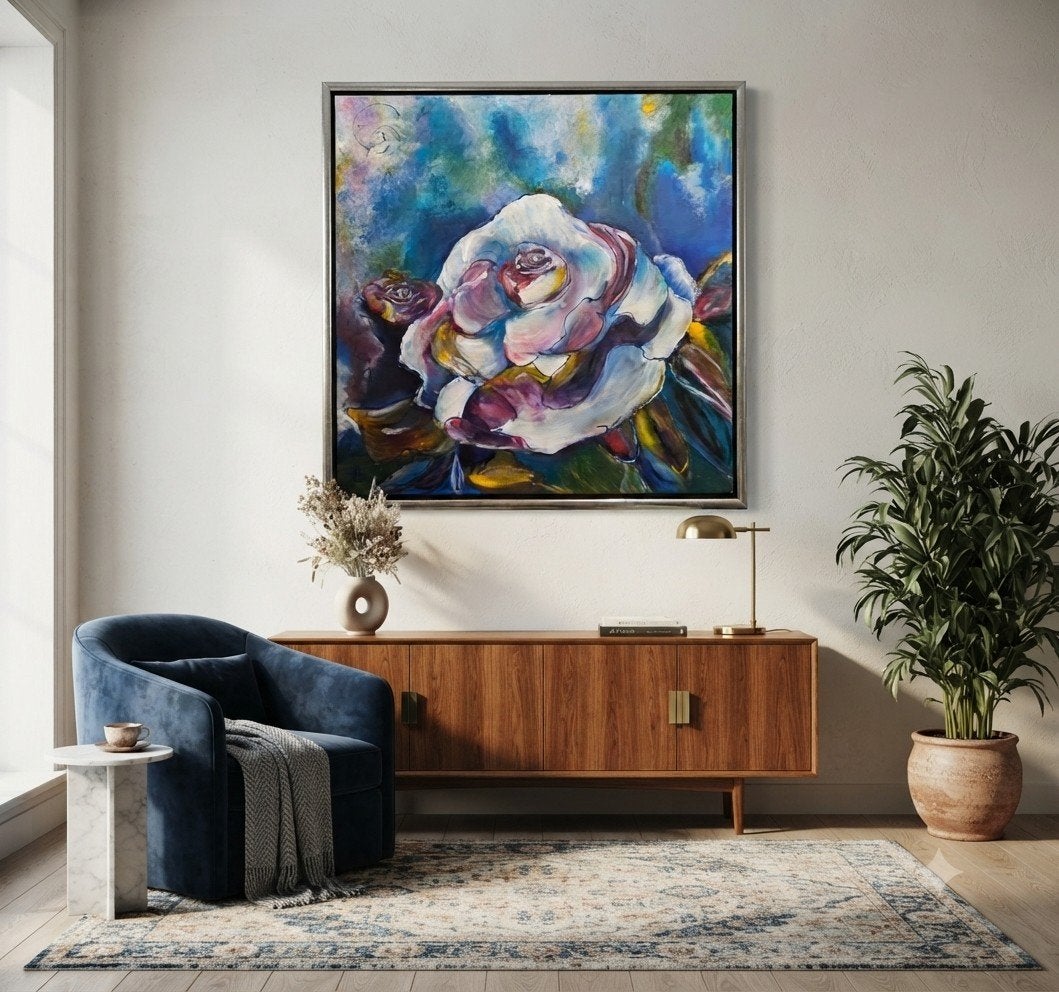 Uniek handgeschilderd Mixed Media Schilderij "Colorful Rose", Ophalen, Ingelijst, Gemengde techniek, Bloemen