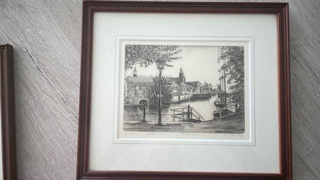 ETS Delfshaven Jan A Wieringa, Ets, Stadsgezicht, Ingelijst, 26 cm