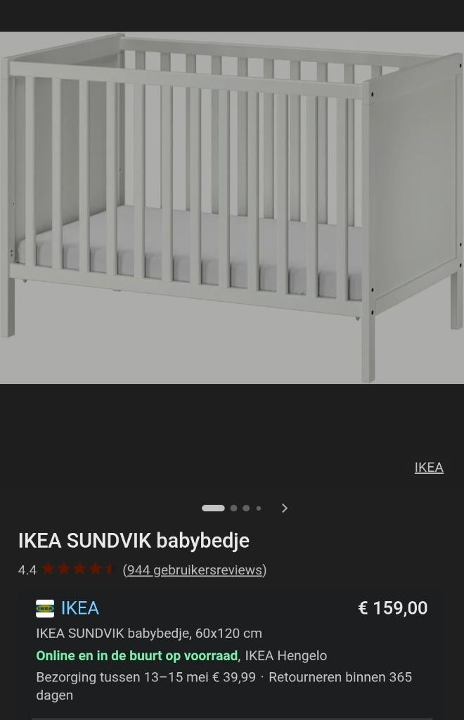 Babybedje Sundvik Ikea nieuw in doos, Ophalen, Nieuw, Minder dan 140 cm, Minder dan 70 cm