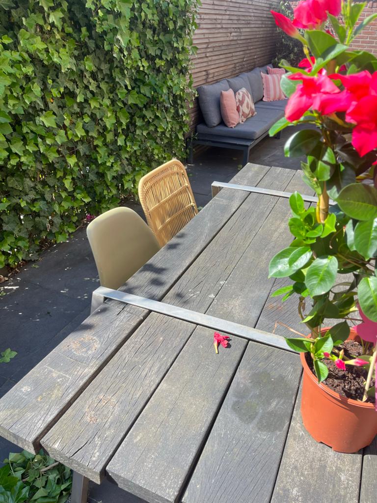 Robuuste houten tuinset met metalen onderstel, Ophalen, Gebruikt, Rechthoekig, Hout